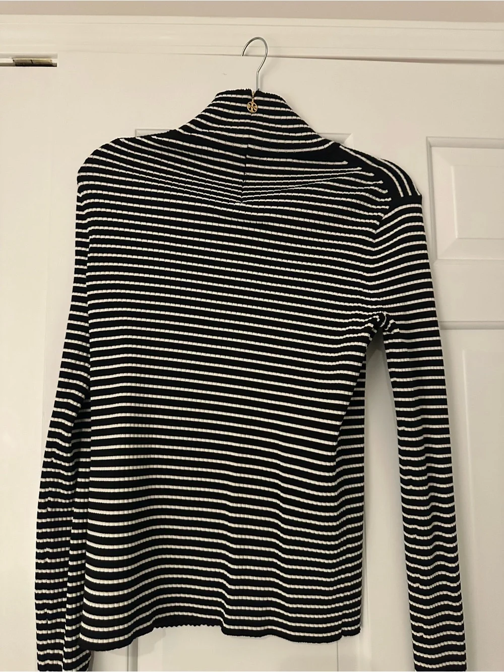 Tory Burch Black & White Striped Mock Neck Sweater